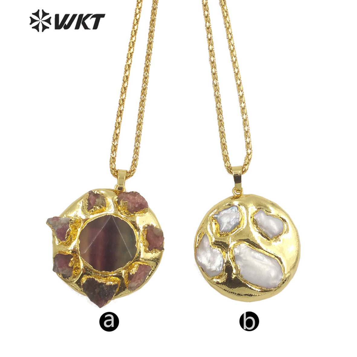 WT-N1448 WKT Exclusive Design Fashion 18K Real Gold Plated Tourmaline&Fluorite Natural Stone Pendant Necklace