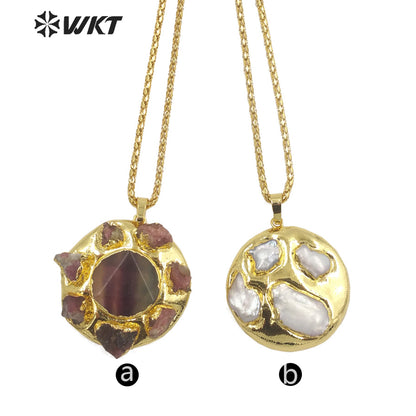 WT-N1448 WKT Exclusive Design Fashion 18K Real Gold Plated Tourmaline&Fluorite Natural Stone Pendant Necklace
