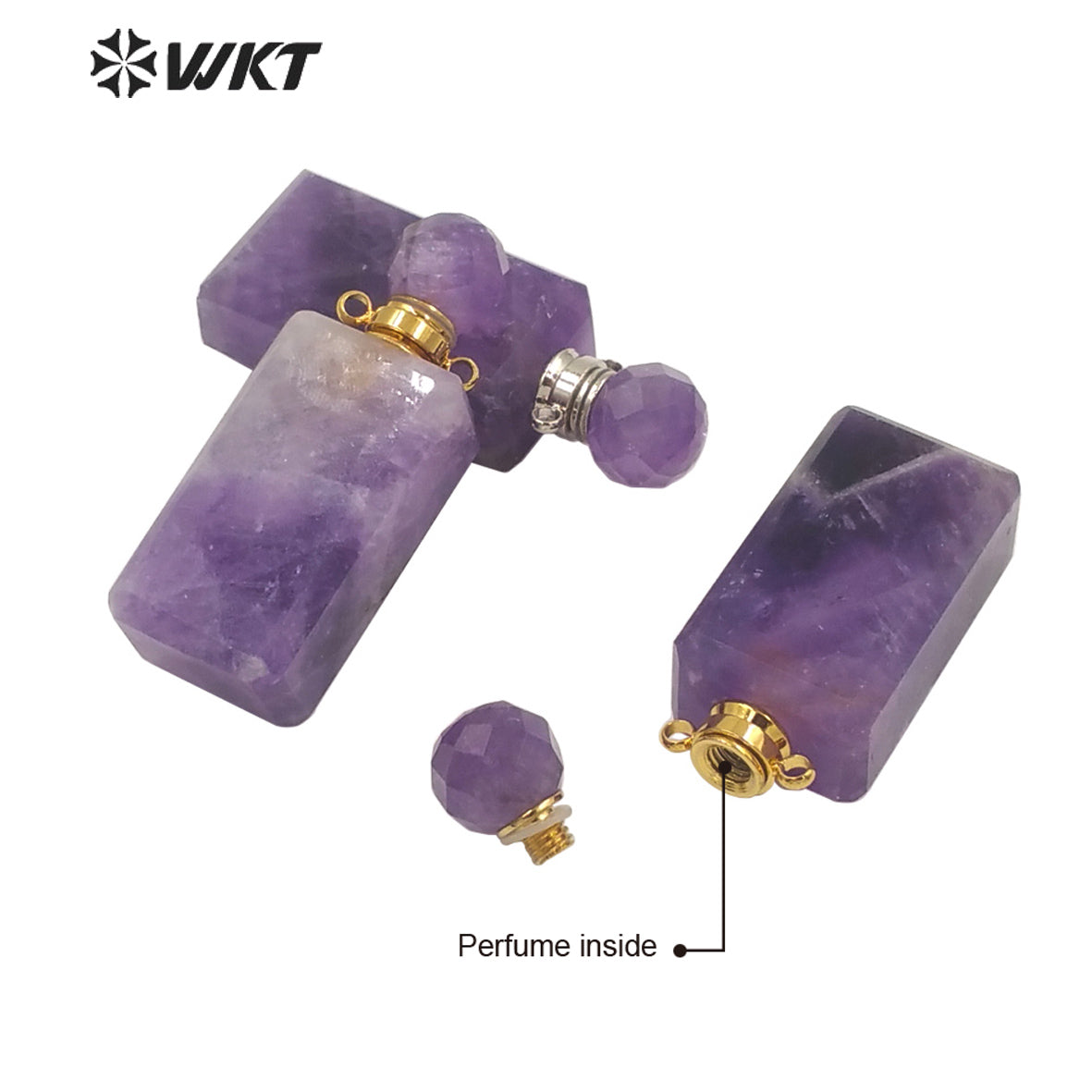 WT-P1633 WKT New Amazing Natural Amethyst Stone Perfume Bottle Pendant Loading Essential Oil Perfume Bottle Pendant