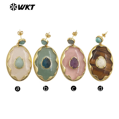 WT-E801 Gorgeous Romantic Style Gold Plated Various Natural Gemstones Big Pendant Earrings For Women Wedding Wearing Jewelry