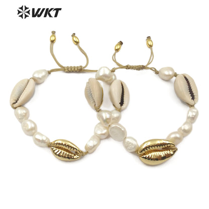 WT-B455 Wholesale Fashion Jewelry Handmade Natural Freshwater Pearl Bracelet Adjustable White Pearl and Cowrie Shell Bracelets