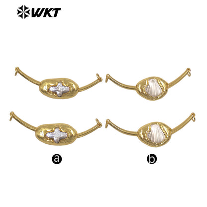WT-PC016 Newest Luxury Double Hoops Gold Electroplated Natural Freshwater Pearl Connectors For Lady Fashion Bracelet DIY