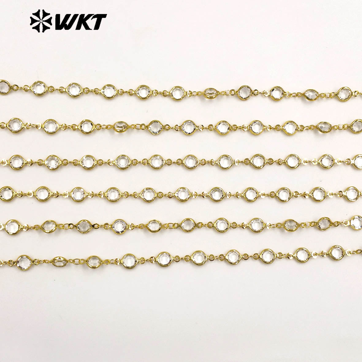 WT-BC279 Factory Wholesale Yellow Brass Gold Electroplated And Round Crystal Link Chains As Trendy Handmade Necklace Findings