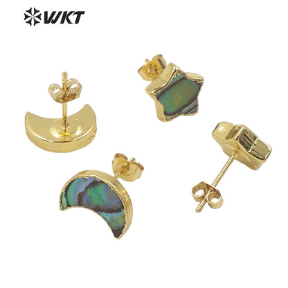 WT-E659 WKT 2022 Special Small Beautiful Natural Abalone Shell Stud Earrings Moon Star Stud Earrings with 18k Gold