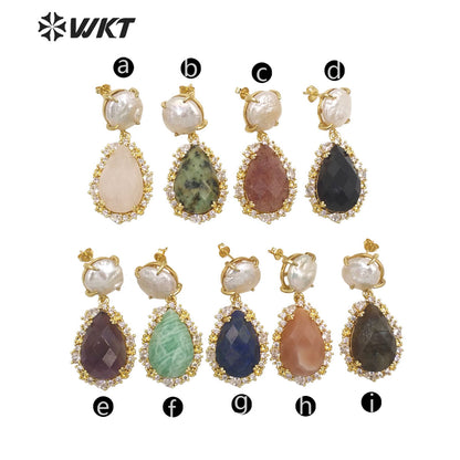 WT-E698 Unique Micropaved Gold Bezel Cubic Zircon Natural Teardrop Stone Pearl Earrings Gorgeous Drop Turquoise Stud Earrings