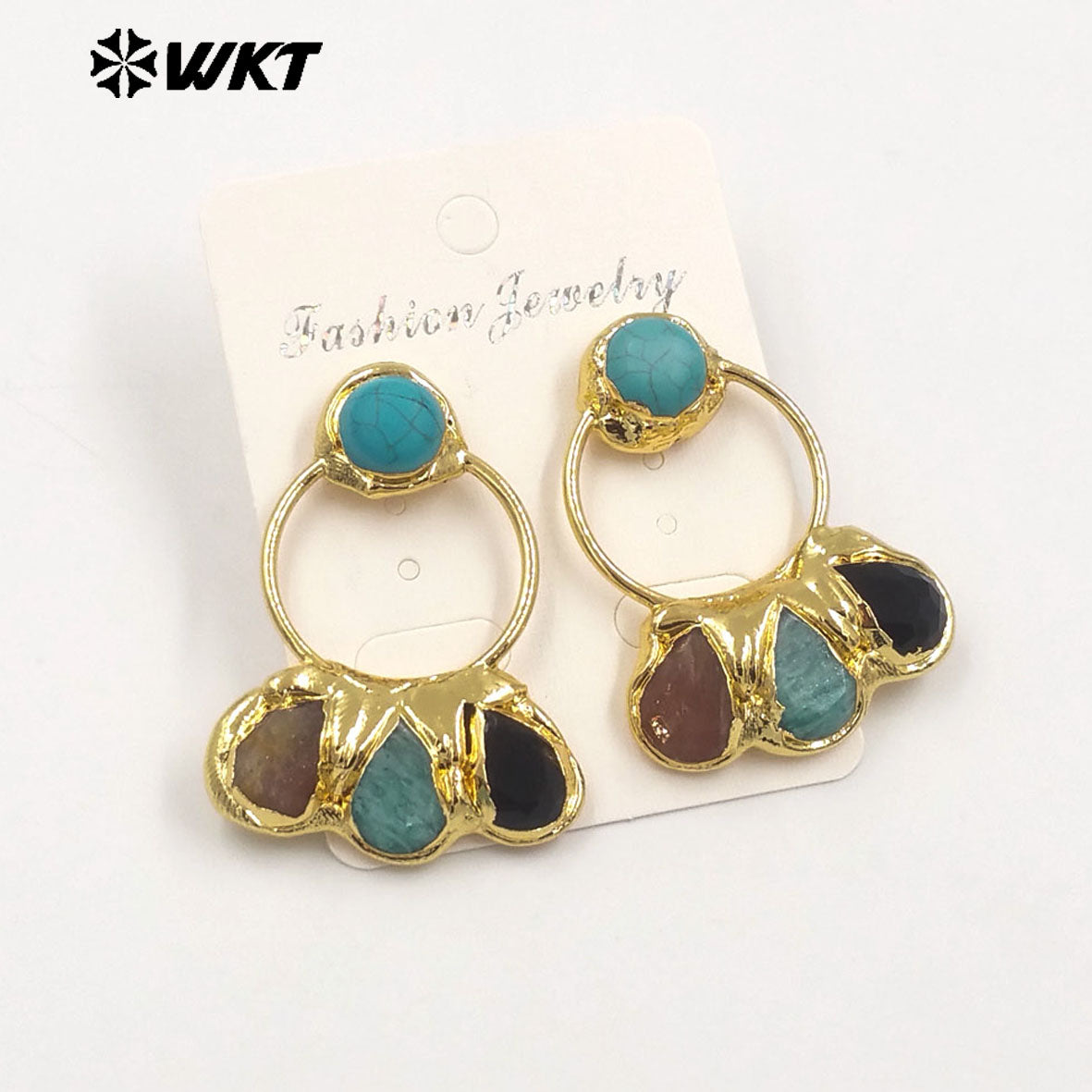 WT-E755 WKT Exclusive Hand Made Multi Natural Stone Big Statement 18K Gold Plated Water Drop Pendant Earrings