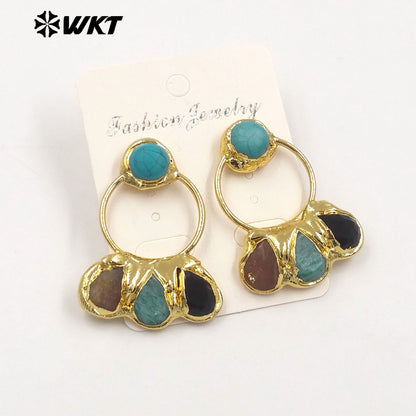 WT-E755 WKT Exclusive Hand Made Multi Natural Stone Big Statement 18K Gold Plated Water Drop Pendant Earrings