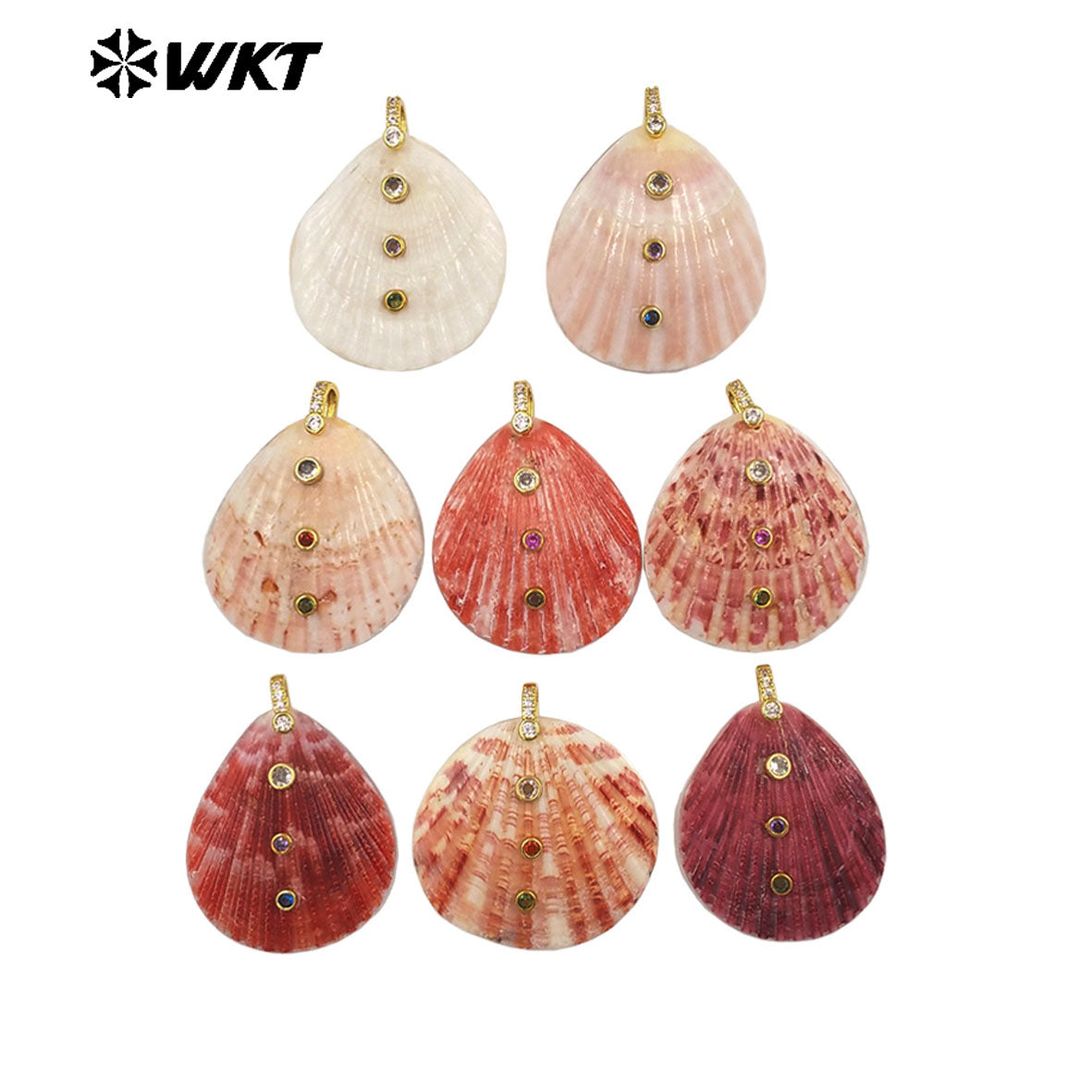 WT-JP528 New Arrival Multi Zircons And Colorful Natural Scallop Shell Gold Pendants For Women Handmade Necklace Design