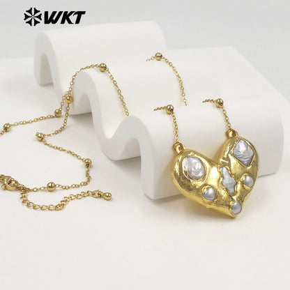 WT-JN381 Beautiful Thin Bead Chain With Gold Electroplated Natural Freshwater Pearl Heart Shape Pendant Necklace For Girl Gift
