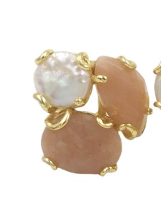 WT-R418 Women 18k Real Gold Plated Resist Tarnishable Triple Stone Prong Setting Natural Stone and Pearl Mix Party Ring