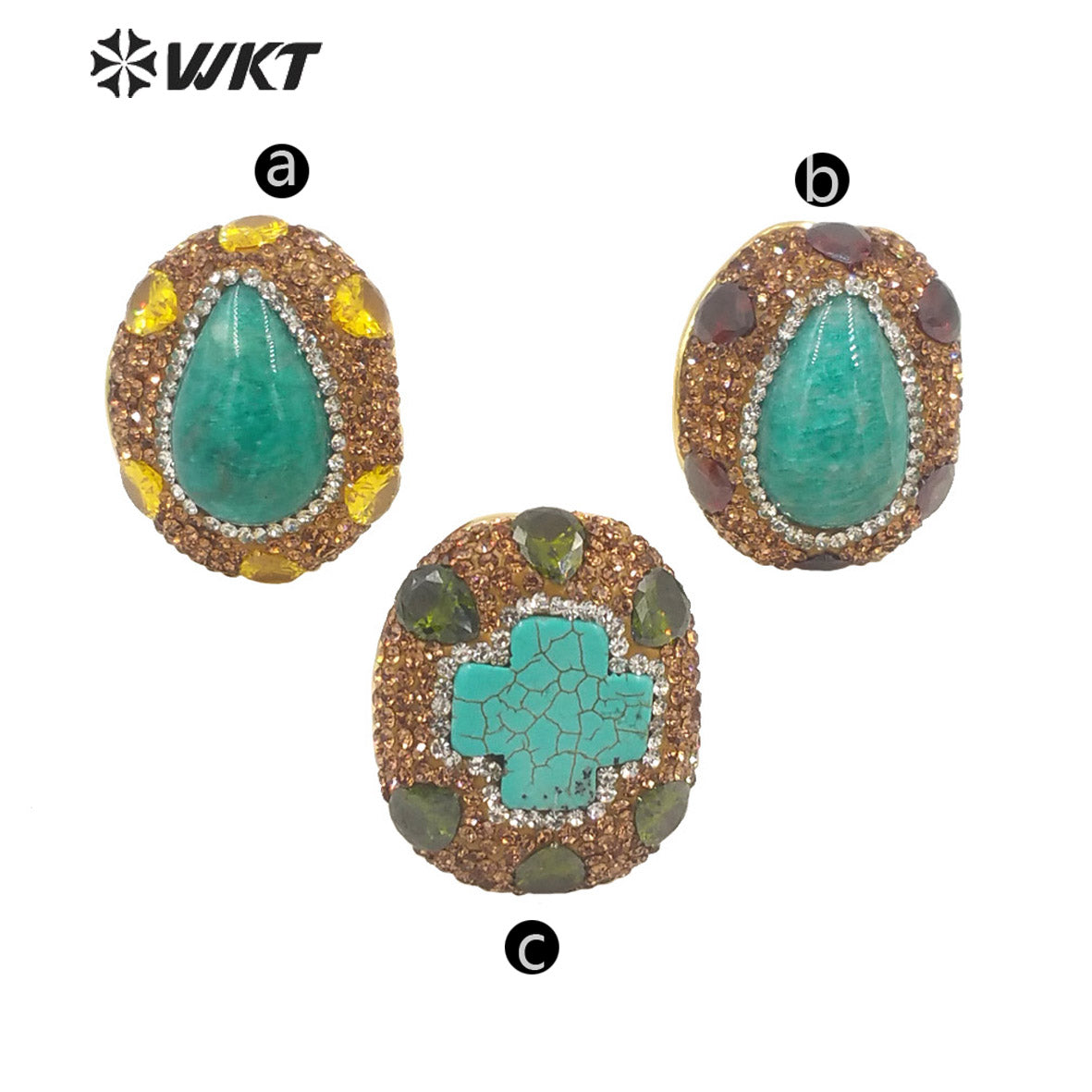 WT-R498 New Popular Vintage Style Rhinestone and Amazonite Turquoise Stone Setting Handmade Adjustable Sizee Gold Plated Ring