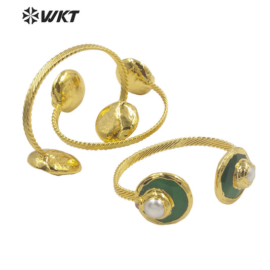 WT-B616 Wholesale Fashion Double Cat Eye Stone Bangle 18k Real Gold Plated Resist Tarnishable Pearl Charm Bangle