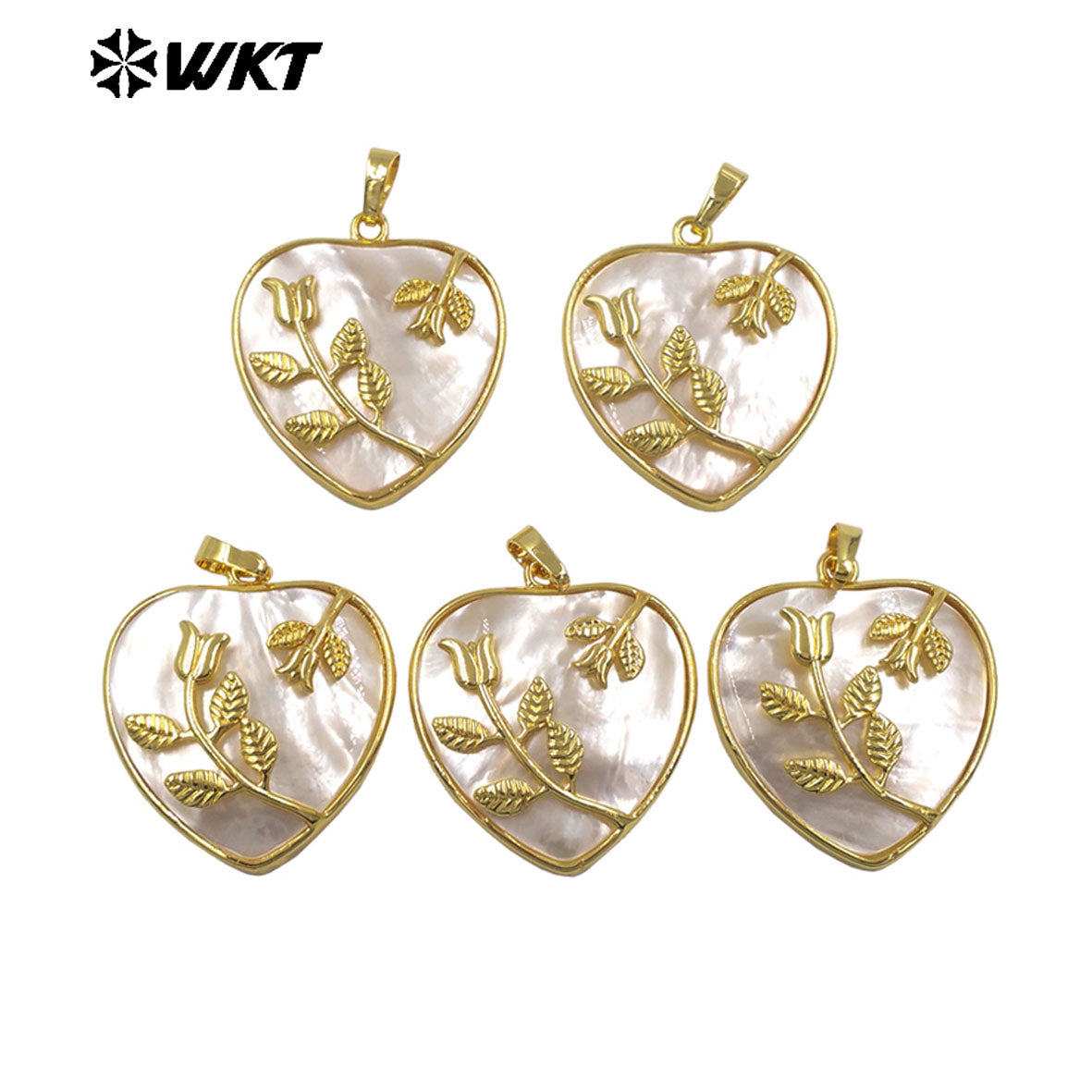 WT-JP516 Delicate White Shell And Gold Plated Leaves Heart Shape Pendant For Female Fashion Jewelry Decorative Findings