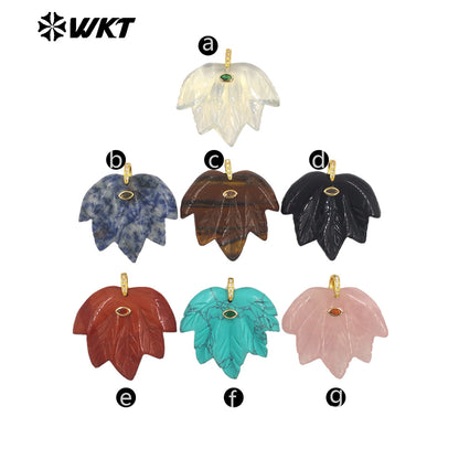 WT-P2136 Delicate Fashion Zircon And Natural Gemstones Carved Leaf Shape Gold Pendants For Lady Handmade Necklace Design