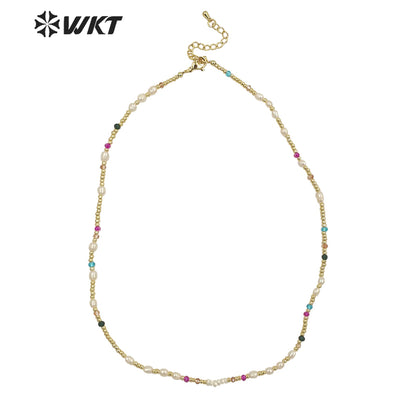 WT-JN222 INS HOT Trendy Colorful Tiny Stone Beads Necklace 16inch Elegant Lady Pearl Gold Beads Choker Necklace for Gift
