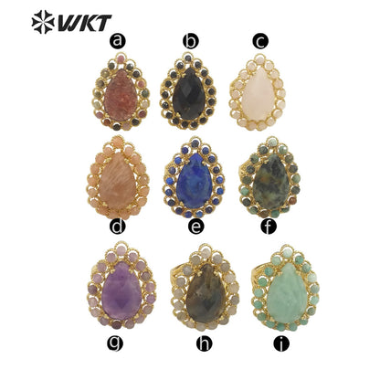 WT-R458 Gorgeous Invisible Setting Natural Teardrop Stone Ring 18k Gold Plated Precious Gemstone Drop Anniversary Ring