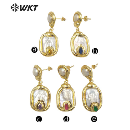WT-MPE113 European and American Retro Exaggerated Inlaid with Natural Freshwater Pearl Pendant Earrings