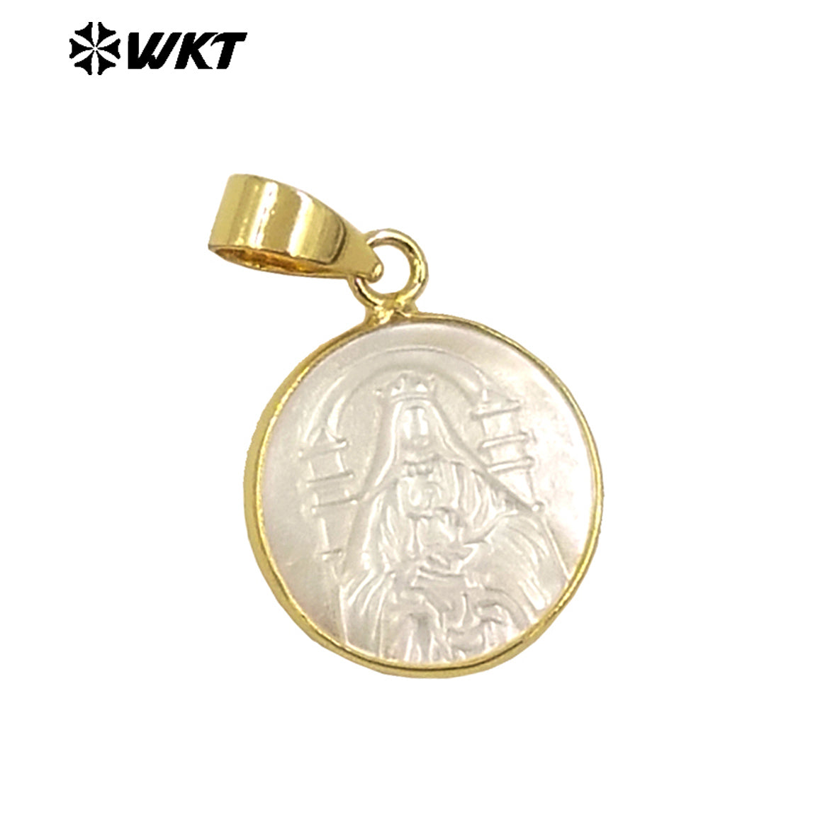 WT-JP376 WKT New Developed Natural Pearl Shell Carved Christian Religious Necklace Pendant Gold Anniversary Gift