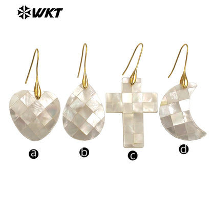 WT-MPE154 Wonderful Wholesale Mother of Pearl Shell Earrings Gold Color Heart Waterdrop Cross Moon Shape Women Birthday Gift
