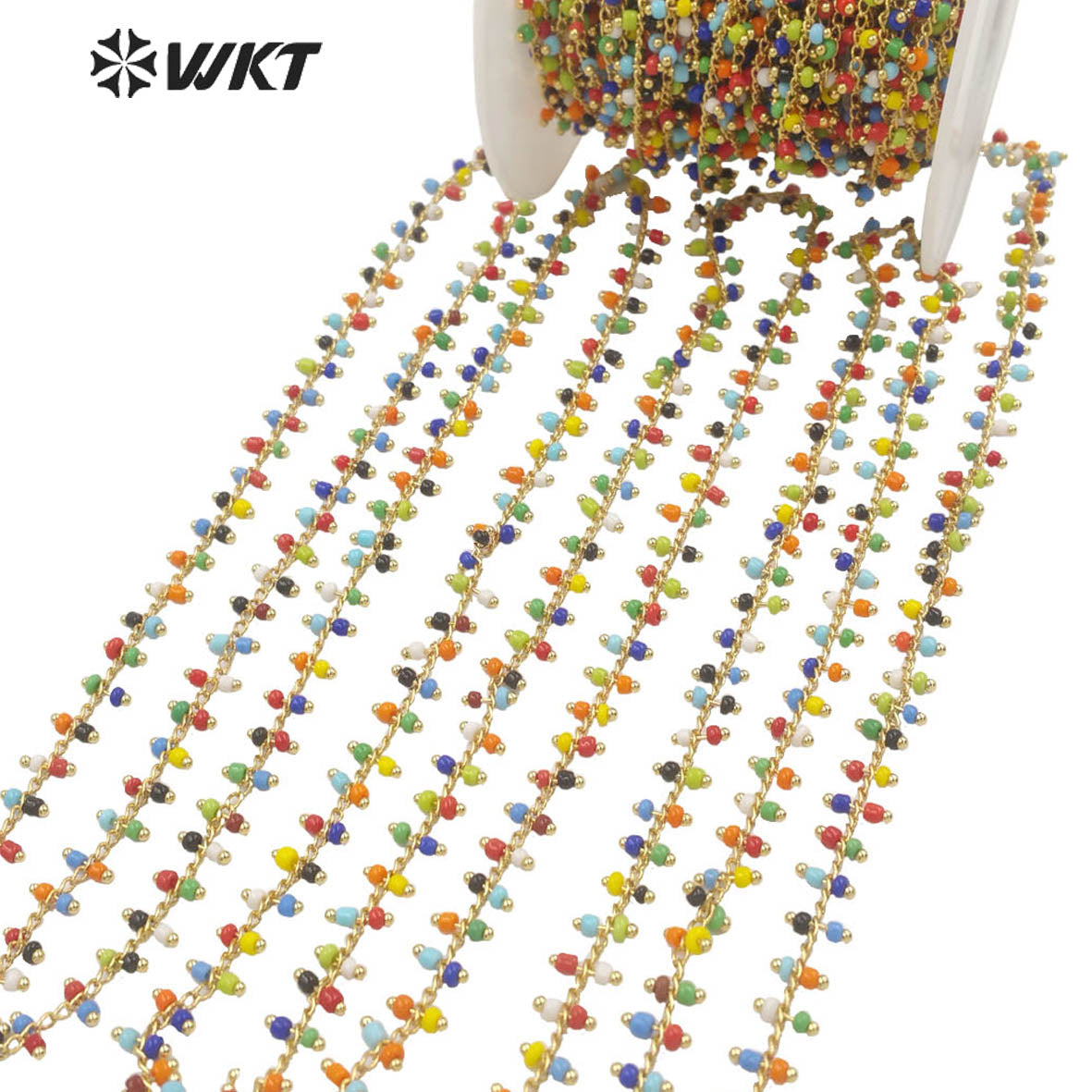 WT-RBC192 Newest Fashion Gold 2mm Glass Beads Jewelry Finding Chain for Necklace Design Women Colorful Rosary Beads Chain