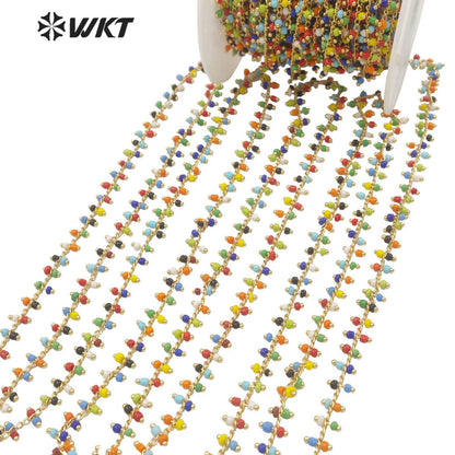 WT-RBC192 Newest Fashion Gold 2mm Glass Beads Jewelry Finding Chain for Necklace Design Women Colorful Rosary Beads Chain