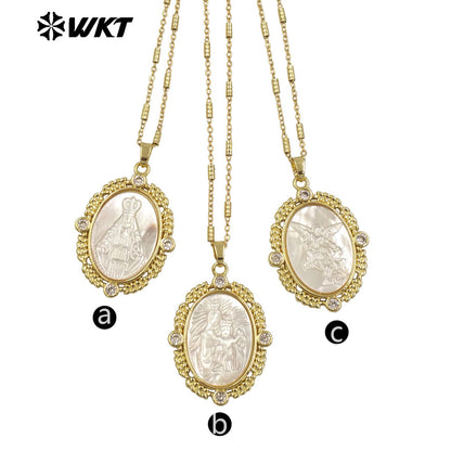 WT-JN274 Gorgeous New Design Elegant 18K Gold Bezel Setting Christian Religious Guardian Angel Shell Necklace