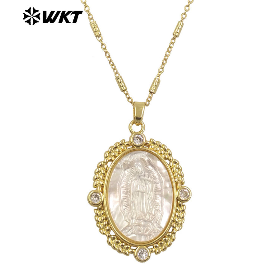 WT-JN271 WKT Exclusive Big Oval 18K Real Gold Plated Resist Tarnishable Religious Virgin Mary Shell Pendant Necklace Christian