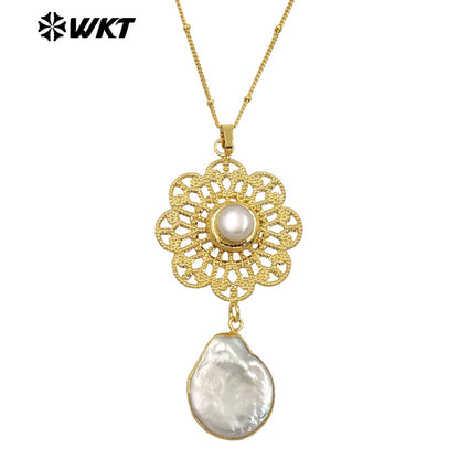 WT-JN269 Wholesale New Gorgeous 18K Real Gold Plated Natural Freshwater Pearl Pendant Necklace Anniversary Jewelry