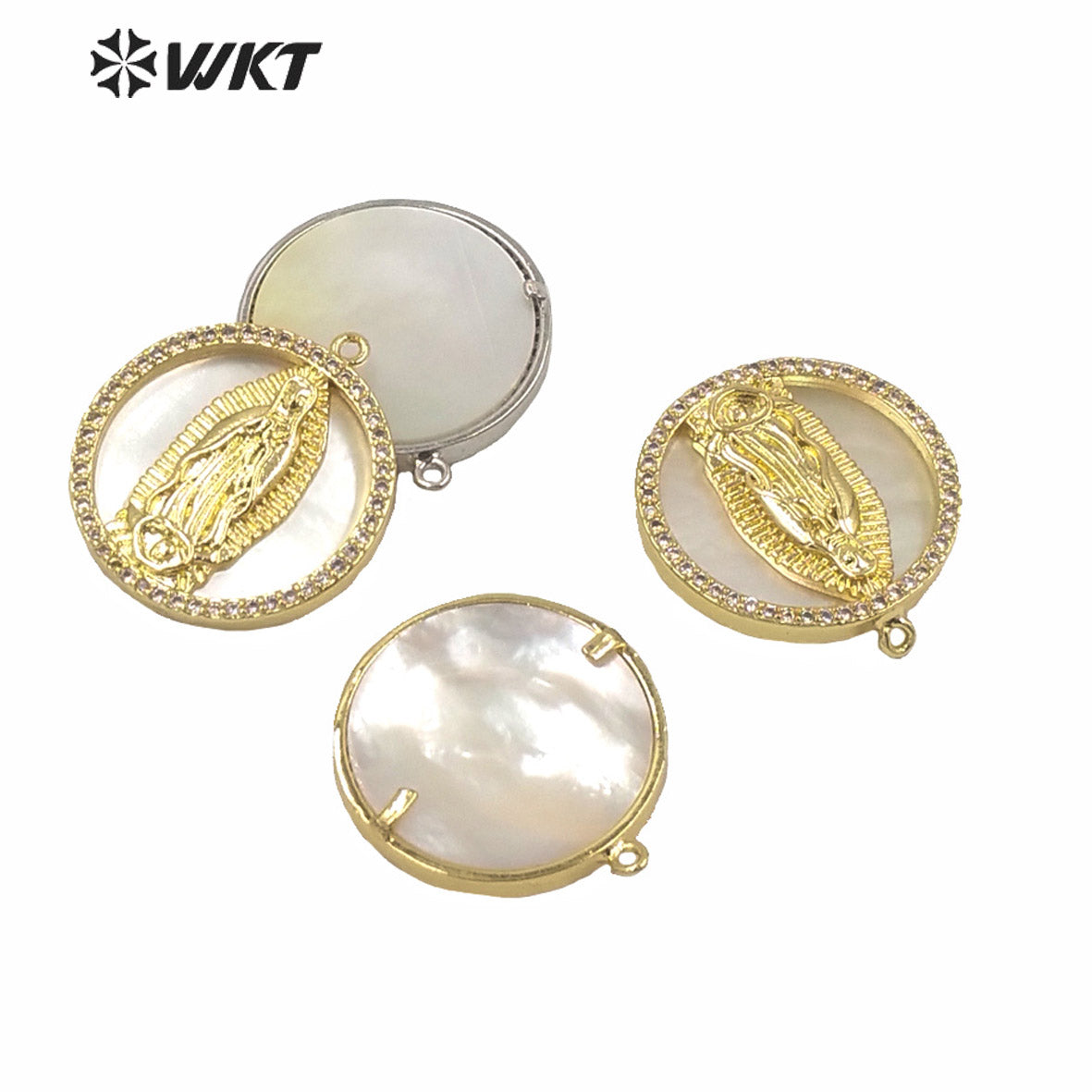 WT-MP144 WKT New Small Size White MOP Shell Virgin Mary Religious Pendant Hot Gold Electroplated Round Coin Mary Pendant