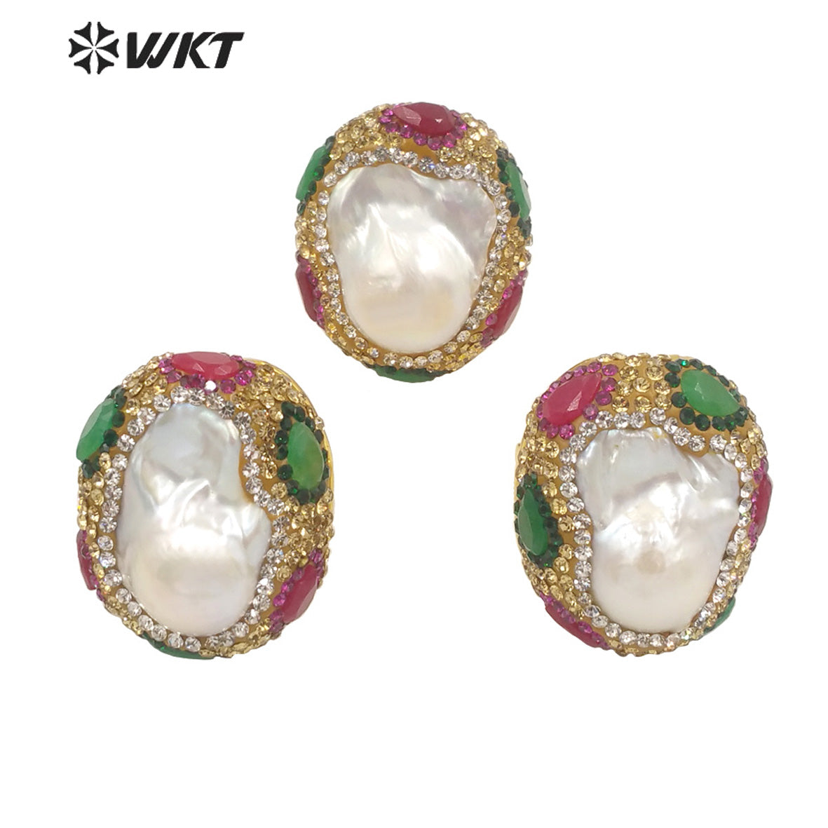 WT-MPR034 Pretty European and American Fashion Ball Pearl Ring Color Zircon Ring with 18k Gold Plated Adjustable Pearl Ring