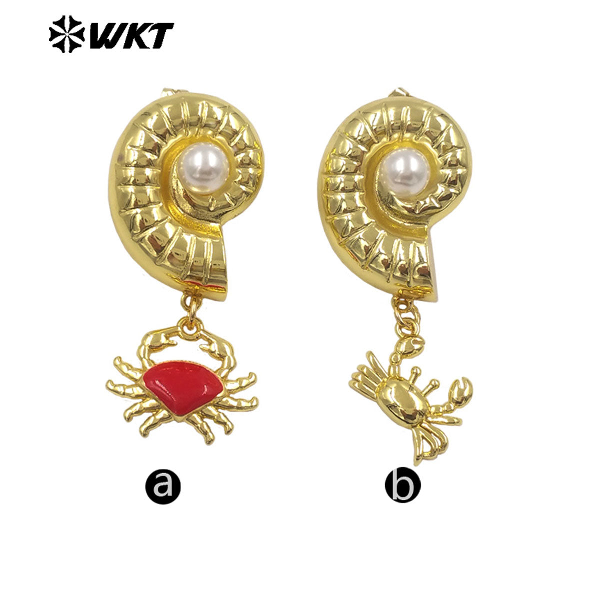 WT-ME133 High Quality Interesting Gold Plated Brass Shell And Crab Charm With Artificial Pearl Earrings For Ladies Party Gift