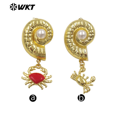 WT-ME133 High Quality Interesting Gold Plated Brass Shell And Crab Charm With Artificial Pearl Earrings For Ladies Party Gift