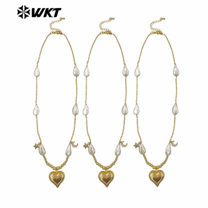 WT-JN320 New Sales Natural Freshwater Pearl Necklace With Gold Plated Heart Moon Star Charms Beautiful Jewelry Romantic Style