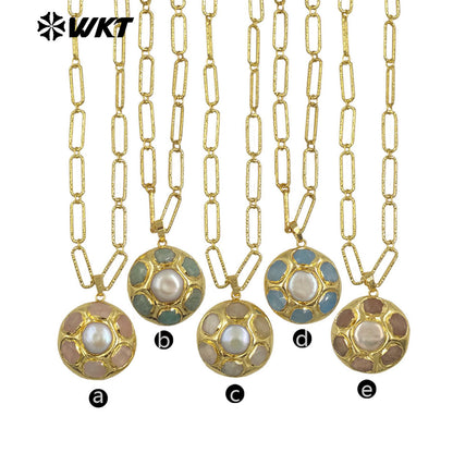 WT-N1493 Amazing Big 18k Real Gold Plated Link Chain Necklace With Round Natural Gemstone and Pearl Assemble Pendants Necklace