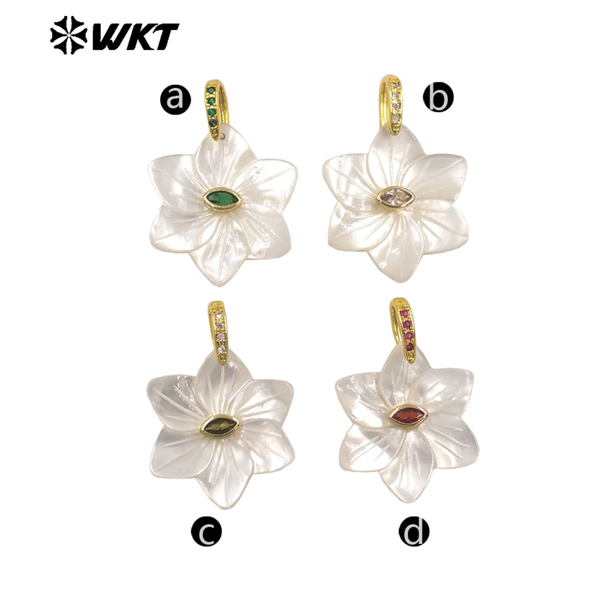 WT-JP479 Factory Wholesale Colorful Zircon And White Shell Carved Flower Shape Gold Pendant As Handmade Jewelry Findings