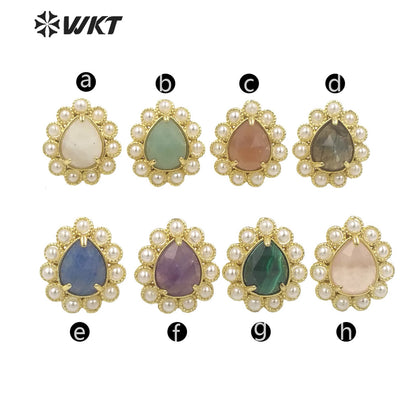 WT-MPE124 Charming Drop Natural Gemstone Made With Artificial Pearl Gold Bezel Setting Women Earring Studs