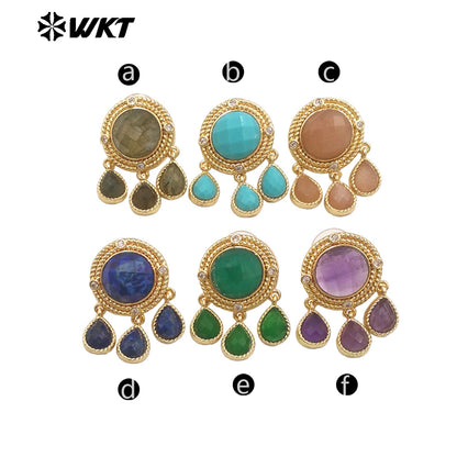 ME120 Wonderful Design Natural Gemstones Earrings With Zircon 18K Gold Plated Three Little Waterdrop Shape Stones Cute Jewelry
