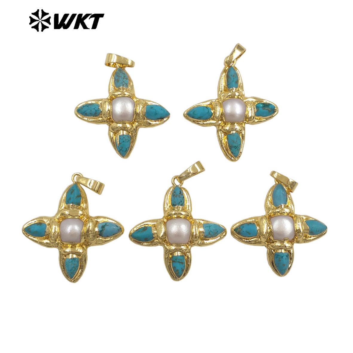 WT-P2038 Exclusive Trendy Design Gold Plated Natural Turquoise And Pearl Pointed Cross Pendants For Women Lovely Gift DIY