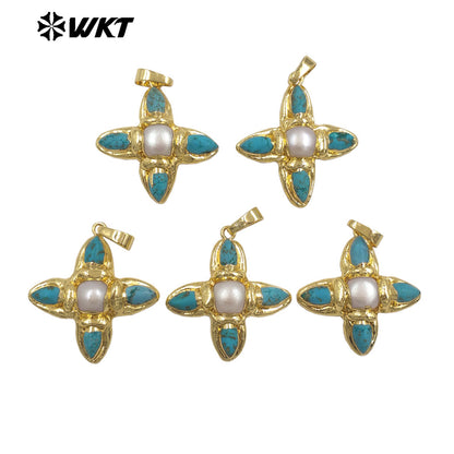 WT-P2038 Exclusive Trendy Design Gold Plated Natural Turquoise And Pearl Pointed Cross Pendants For Women Lovely Gift DIY