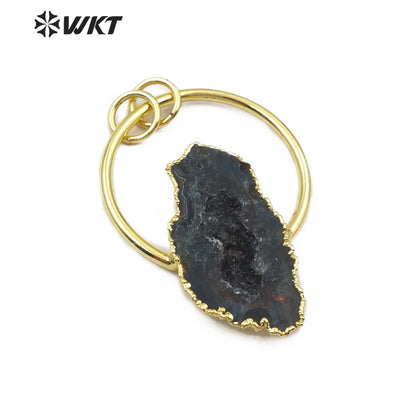 WT-P1455 Wholesale Natural Druzy Geode Agate Pendant with Golden Circle Women Necklace Ornaments Jewelry