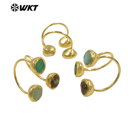 WT-R577 High Quality Natural Australia Chrysoprase Stone Gold Plated Triangle Adjustable Rings For Girls Fashion Accessory
