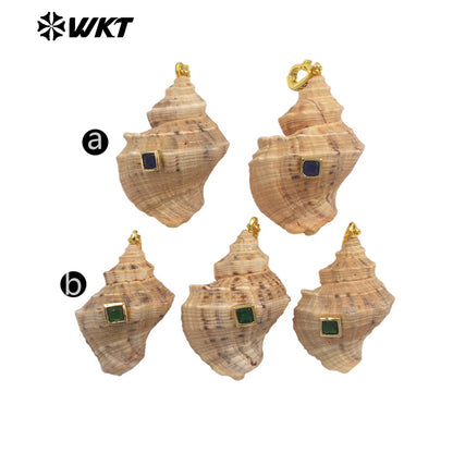 WT-JP482 Good Quality Bohomia Style Square Shape Zircon And Natural Trumpet Shell Gold Pendant For Fashion Necklace DIY Design
