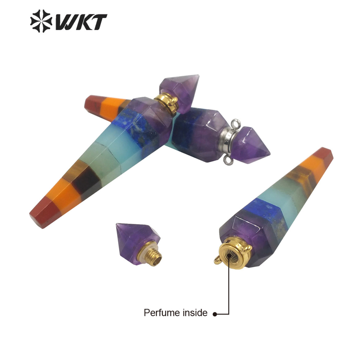 WT-P1870 Wholesale Fashion Energy CONICAL SHAPE Stone Pendant Load Perfume Bottle for Necklace Seven Chakela Bullet Bottle