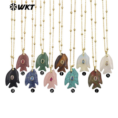 WT-N1511 Ocean Series Bead Chain And Zircon Setting In Natural Gemstones Fish Shape Pendant Necklace As Lady Trendy Matching