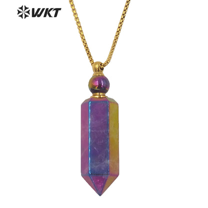 WT-N1260 Wholesale Natural Amethyst Spirit Quartz Point Necklace with Aura Amazing Gold Steel Stone Point Perfume Necklace