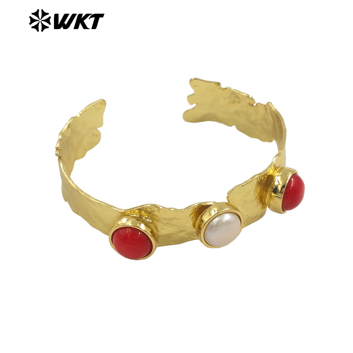 MPB109 Amazing Gorgeous Fashion Bohemian 18K Real Gold Plated Triple Stone Pearl and Coral Round Shape Women Jewelry Bangle