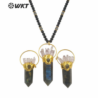 WT-N1244 Women Fashon Big Hexagonal Cube Spirit Point Beads Necklace Natural Labradorite Black Stone Statement Stone Necklace