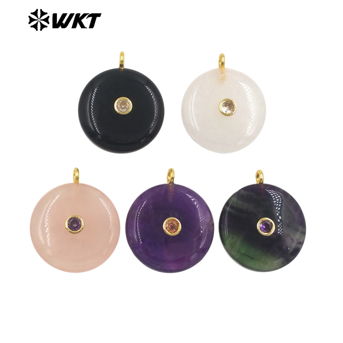 WT-P2086 Good Quality Amethyst Various Natural Gemstone And Zircon Round Gold Pendant For Simple Style Necklace Earring Making