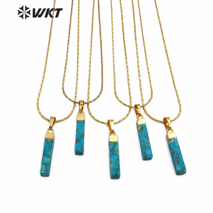 WT-N1164 Natural Blue Vein Turquoise Gold Electroplated Rectangle Shape Pendant Necklace Women Fashion Necklace Jewelry