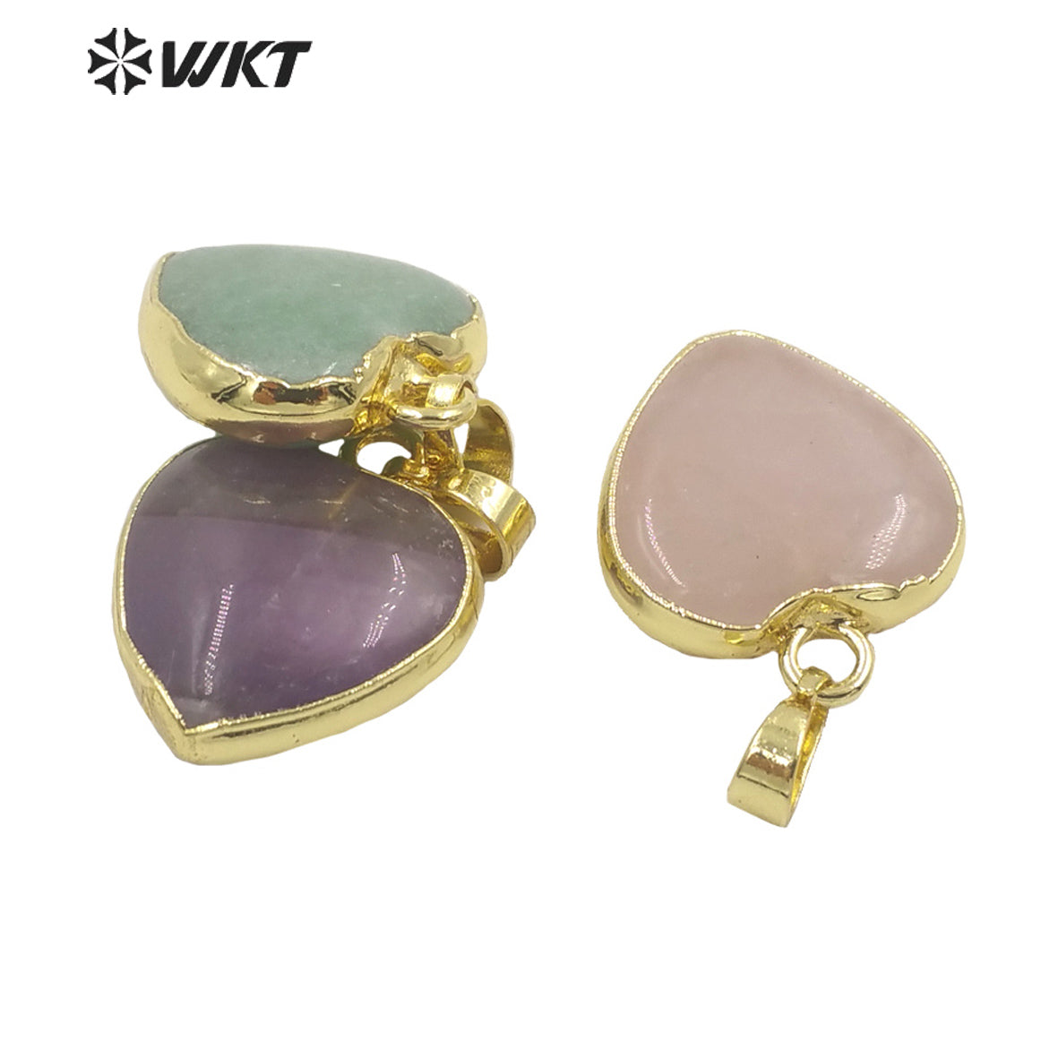 WT-P1700 Wholesale Lady Lovely Natural Gemstone Small Heart Pendant Gold Electroplated Rose Quartz 20mm Gold Stone Heart Charms